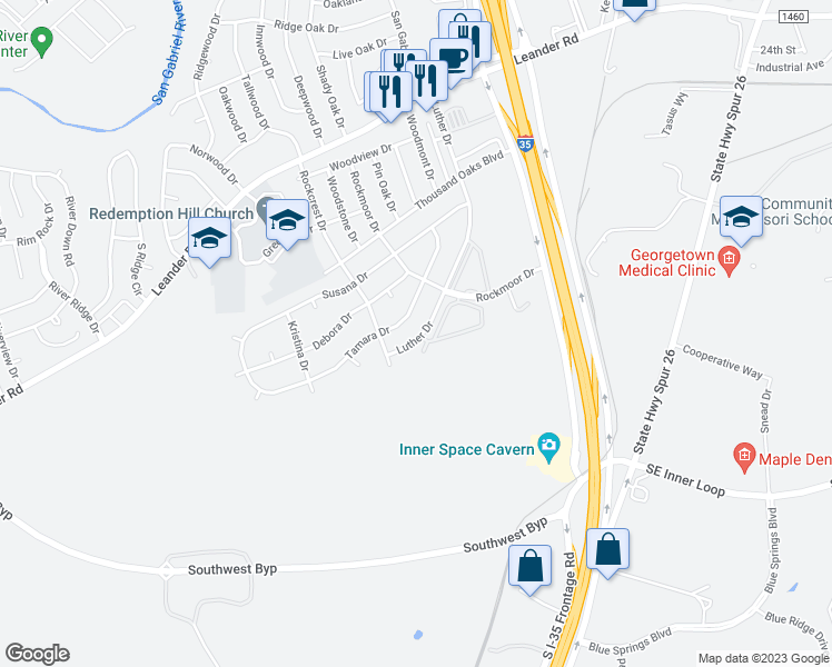 map of restaurants, bars, coffee shops, grocery stores, and more near 617 Luther Drive in Georgetown