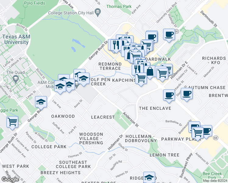 map of restaurants, bars, coffee shops, grocery stores, and more near 1702 Boardwalk Court in College Station