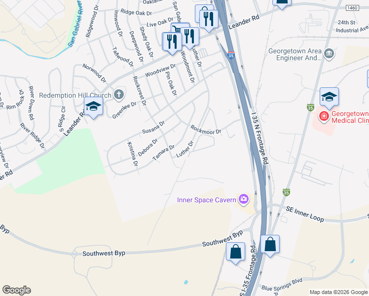 map of restaurants, bars, coffee shops, grocery stores, and more near 621 Luther Drive in Georgetown
