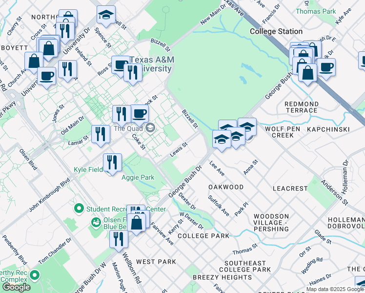 map of restaurants, bars, coffee shops, grocery stores, and more near 586 Lewis Street in College Station