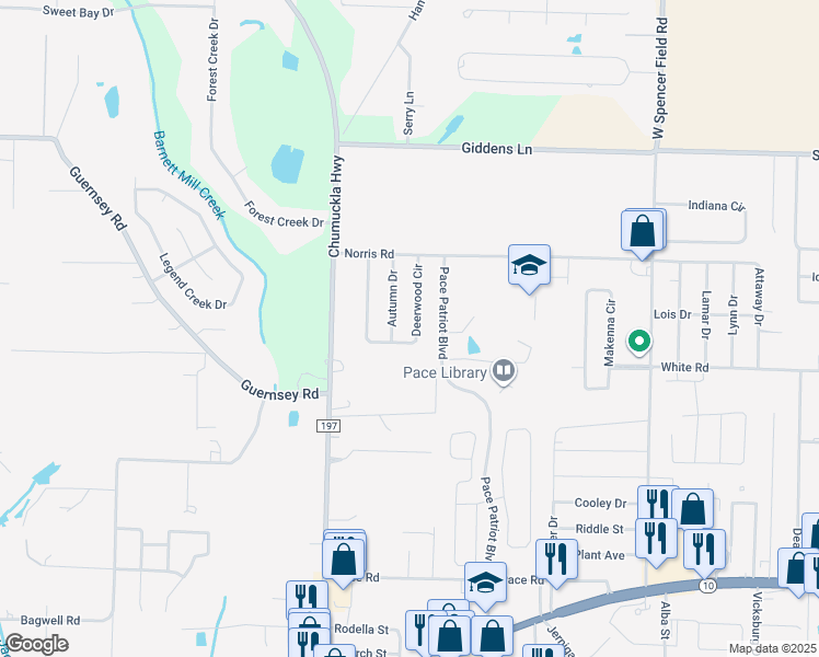 map of restaurants, bars, coffee shops, grocery stores, and more near 3977 Deerwood Circle in Pace