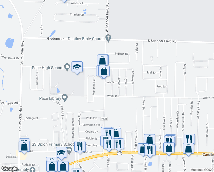 map of restaurants, bars, coffee shops, grocery stores, and more near 4824 West Spencer Field Road in Pace