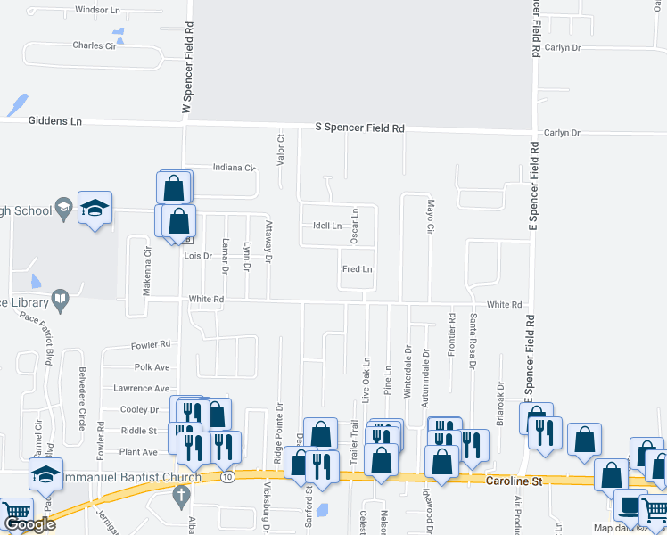 map of restaurants, bars, coffee shops, grocery stores, and more near 4861 Shane Way in Pace