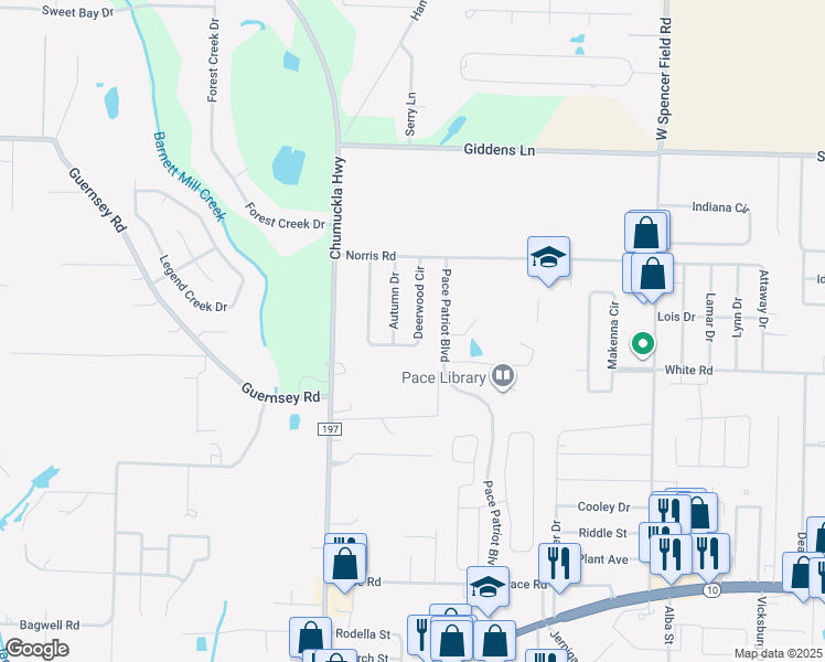 map of restaurants, bars, coffee shops, grocery stores, and more near 3977 Deerwood Circle in Pace