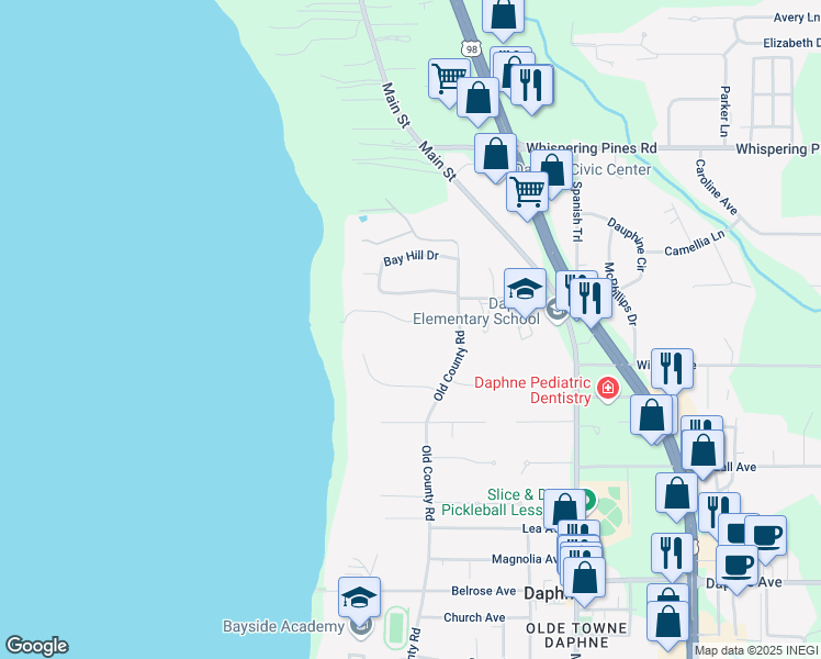 map of restaurants, bars, coffee shops, grocery stores, and more near Villa Dr in Daphne