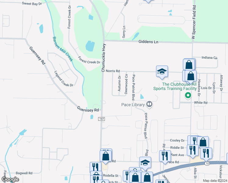 map of restaurants, bars, coffee shops, grocery stores, and more near 3932 Deerwood Circle in Pace