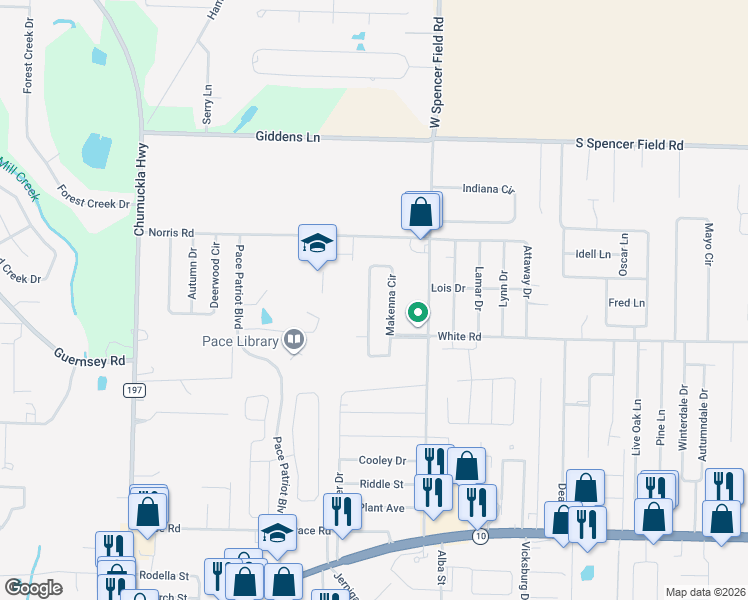 map of restaurants, bars, coffee shops, grocery stores, and more near 4932 Makenna Circle in Pace