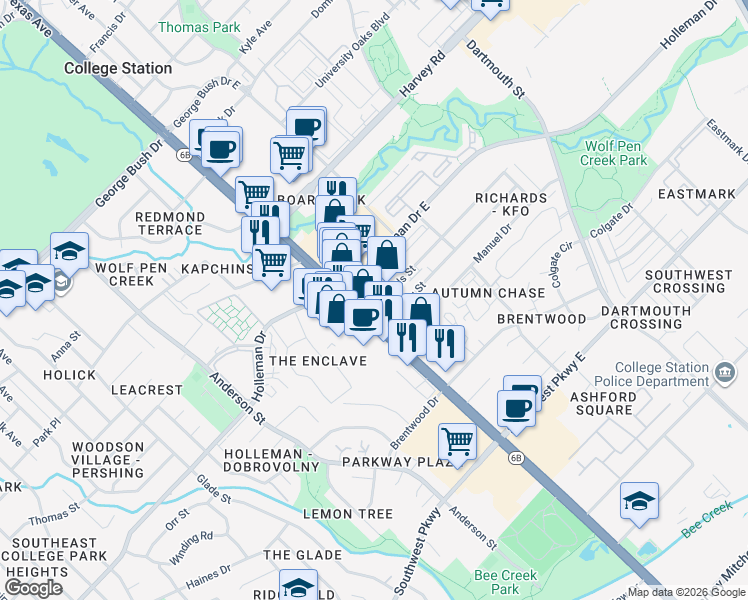 map of restaurants, bars, coffee shops, grocery stores, and more near 2011 Texas Avenue South in College Station