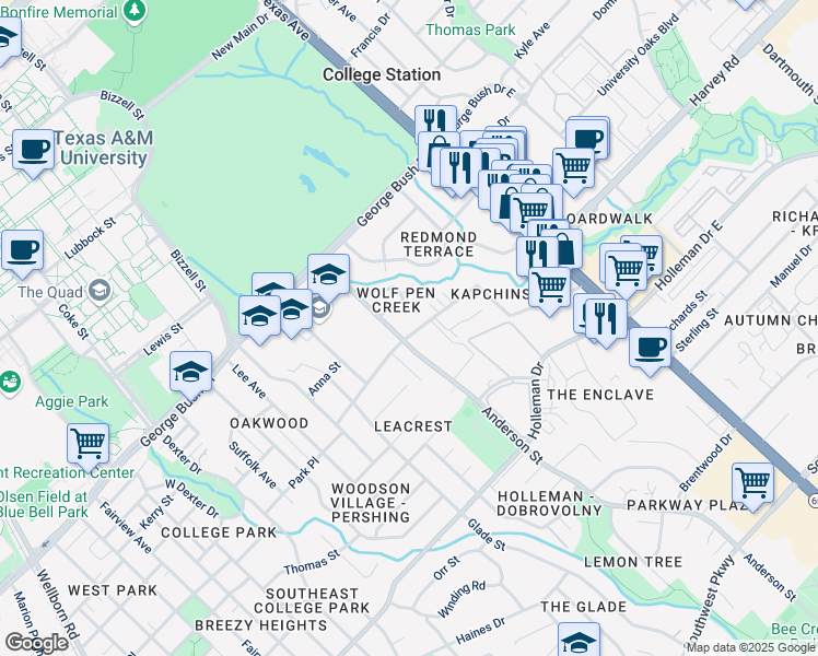 map of restaurants, bars, coffee shops, grocery stores, and more near 1505 Park Place in College Station