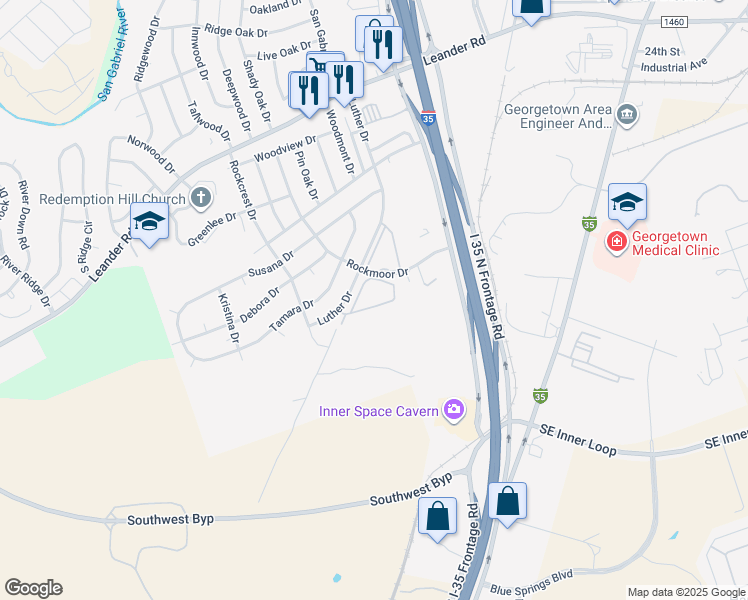 map of restaurants, bars, coffee shops, grocery stores, and more near 600 Luther Drive in Georgetown