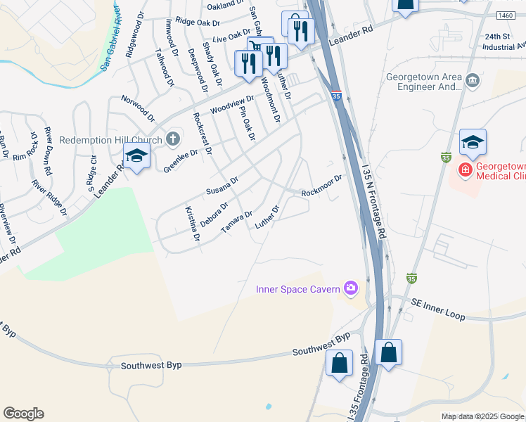 map of restaurants, bars, coffee shops, grocery stores, and more near 621 Luther Drive in Georgetown