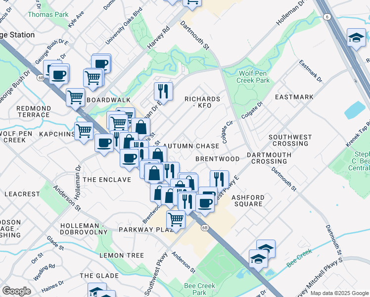 map of restaurants, bars, coffee shops, grocery stores, and more near 2328A Autumn Chase Loop in College Station
