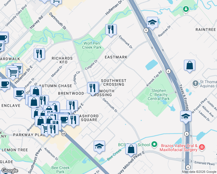 map of restaurants, bars, coffee shops, grocery stores, and more near 2530 Cross Timbers Drive in College Station