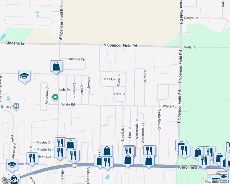 map of restaurants, bars, coffee shops, grocery stores, and more near 4308 Fred Lane in Pace