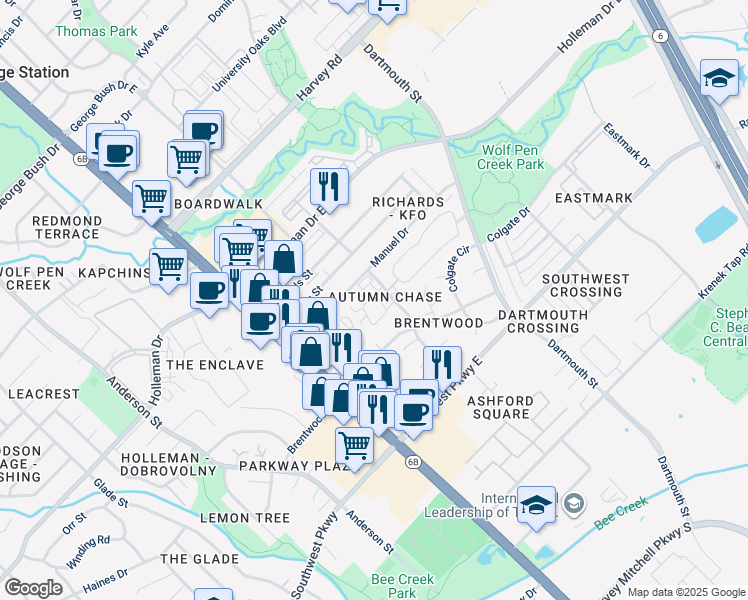 map of restaurants, bars, coffee shops, grocery stores, and more near 2305 Autumn Chase Loop in College Station