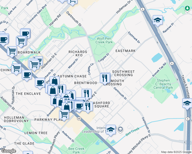 map of restaurants, bars, coffee shops, grocery stores, and more near 2415 Colgate Circle in College Station