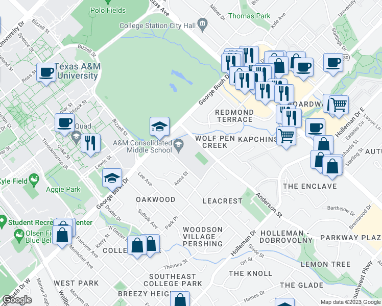 map of restaurants, bars, coffee shops, grocery stores, and more near 105 Holik Street in College Station