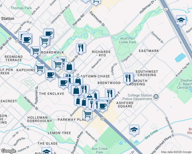 map of restaurants, bars, coffee shops, grocery stores, and more near 2316 Cornell Drive in College Station