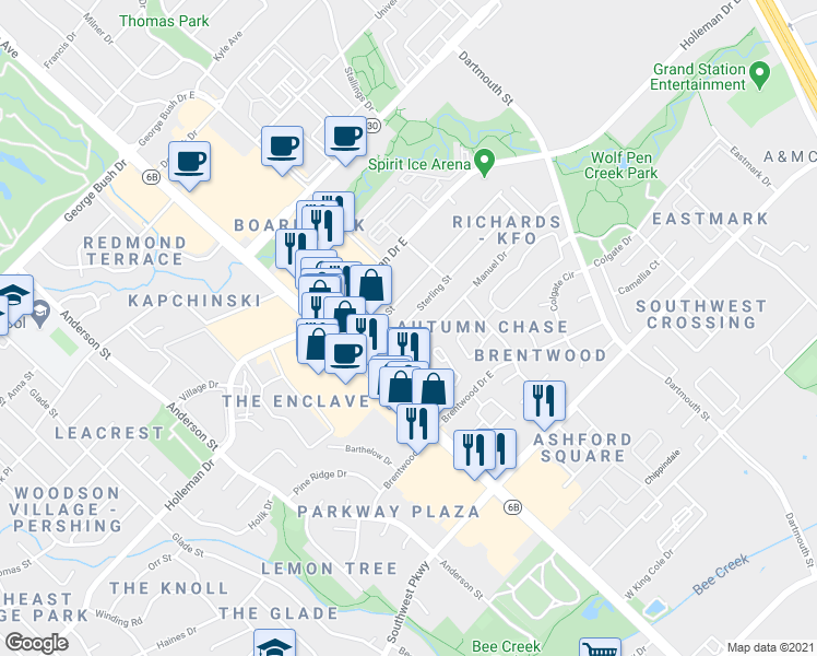 map of restaurants, bars, coffee shops, grocery stores, and more near 102 Manuel Drive in College Station