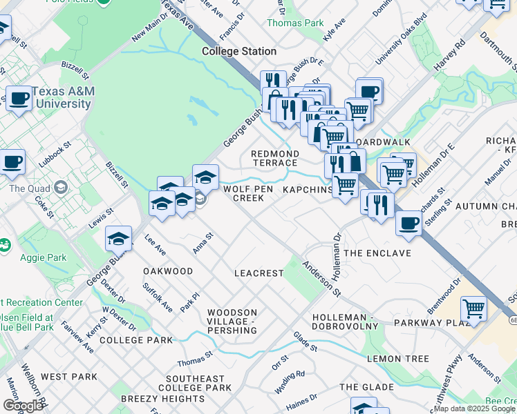 map of restaurants, bars, coffee shops, grocery stores, and more near 1505 Park Place in College Station