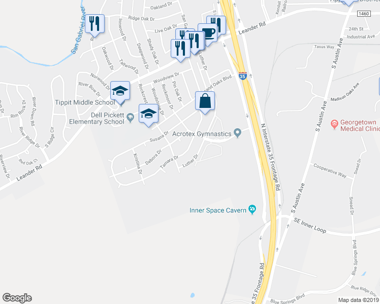 map of restaurants, bars, coffee shops, grocery stores, and more near 621 Luther Drive in Georgetown