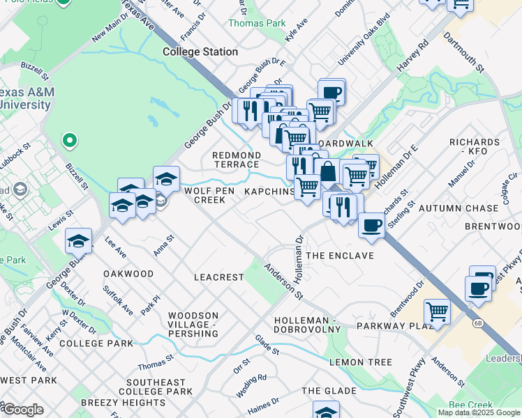 map of restaurants, bars, coffee shops, grocery stores, and more near 1702 Boardwalk Court in College Station