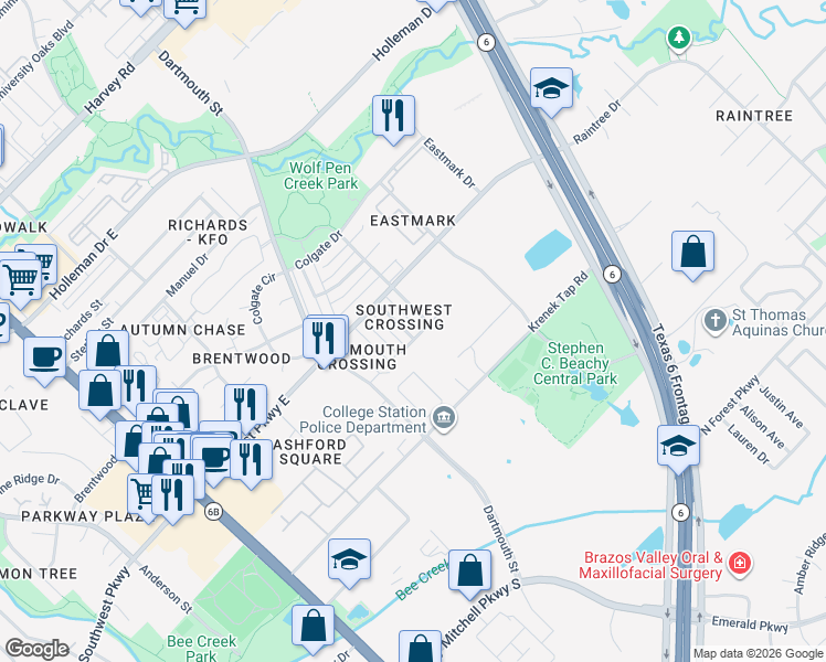 map of restaurants, bars, coffee shops, grocery stores, and more near 702 Cross Timbers Drive in College Station