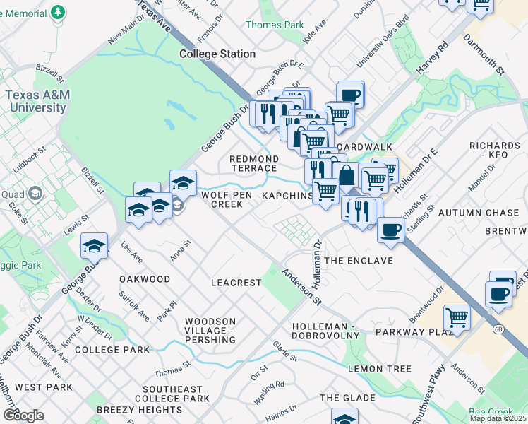 map of restaurants, bars, coffee shops, grocery stores, and more near 1702 Boardwalk Court in College Station