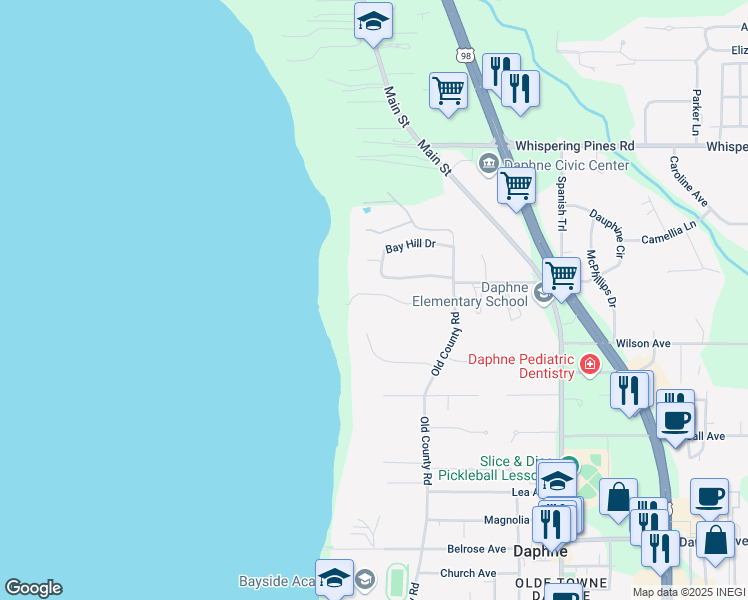 map of restaurants, bars, coffee shops, grocery stores, and more near Villa Drive in Daphne