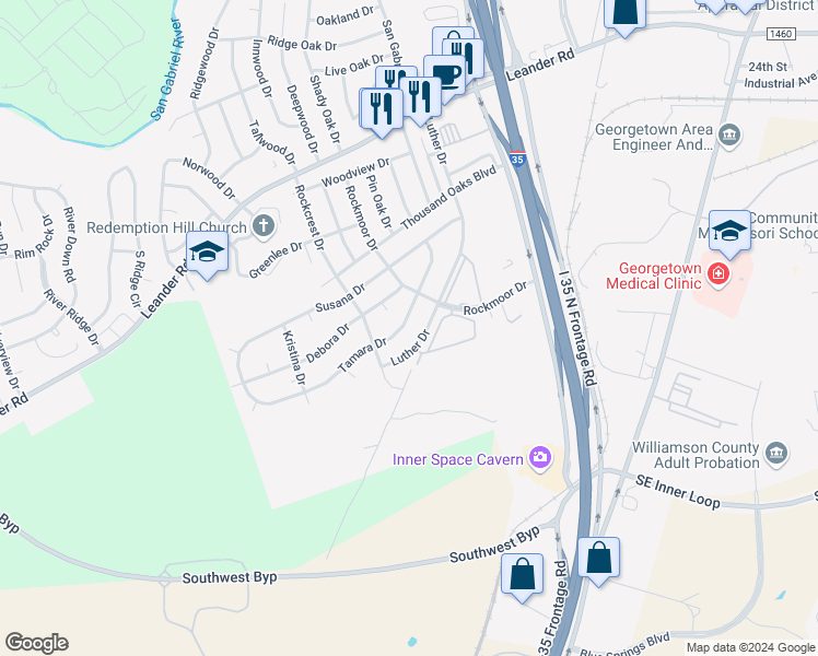 map of restaurants, bars, coffee shops, grocery stores, and more near 310 Tamara Drive in Georgetown