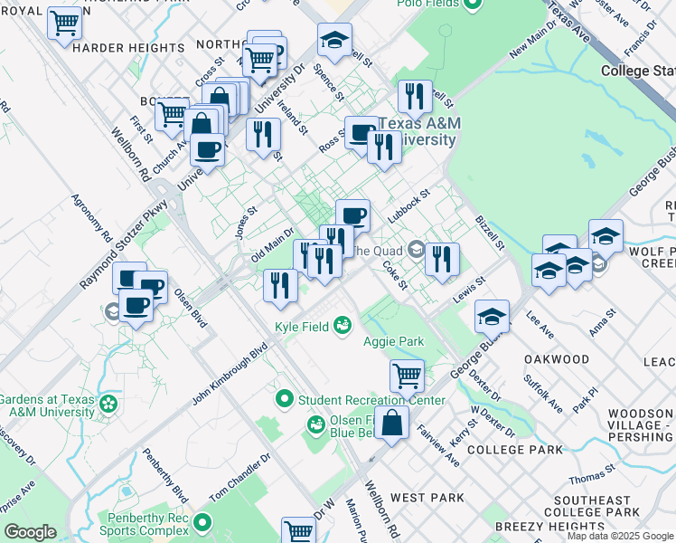 map of restaurants, bars, coffee shops, grocery stores, and more near 401 Joe Routt Boulevard in College Station