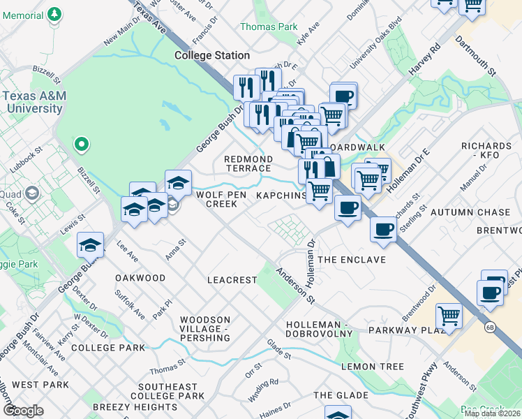 map of restaurants, bars, coffee shops, grocery stores, and more near 1613 Park Place in College Station
