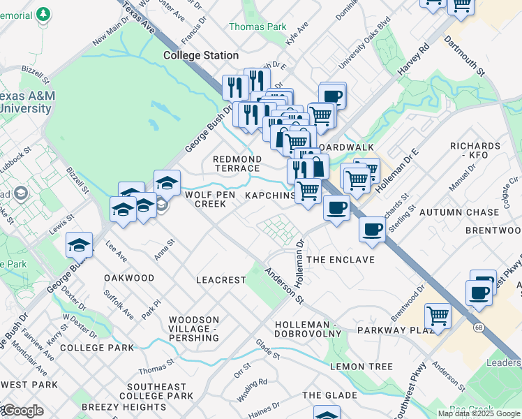 map of restaurants, bars, coffee shops, grocery stores, and more near 1613 Park Place in College Station