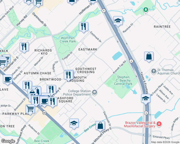 map of restaurants, bars, coffee shops, grocery stores, and more near 2500 Central Park Lane in College Station