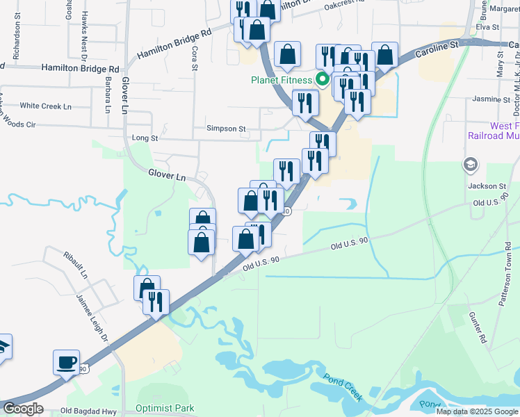map of restaurants, bars, coffee shops, grocery stores, and more near 6436 U.S. 90 in Milton