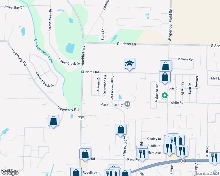 map of restaurants, bars, coffee shops, grocery stores, and more near 4845 Pace Patriot Boulevard in Pace
