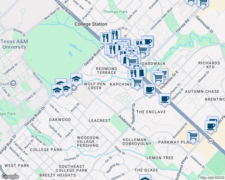map of restaurants, bars, coffee shops, grocery stores, and more near 1613 Park Place in College Station