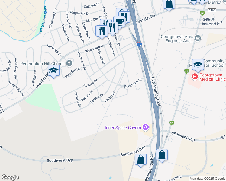 map of restaurants, bars, coffee shops, grocery stores, and more near 609 Luther Drive in Georgetown