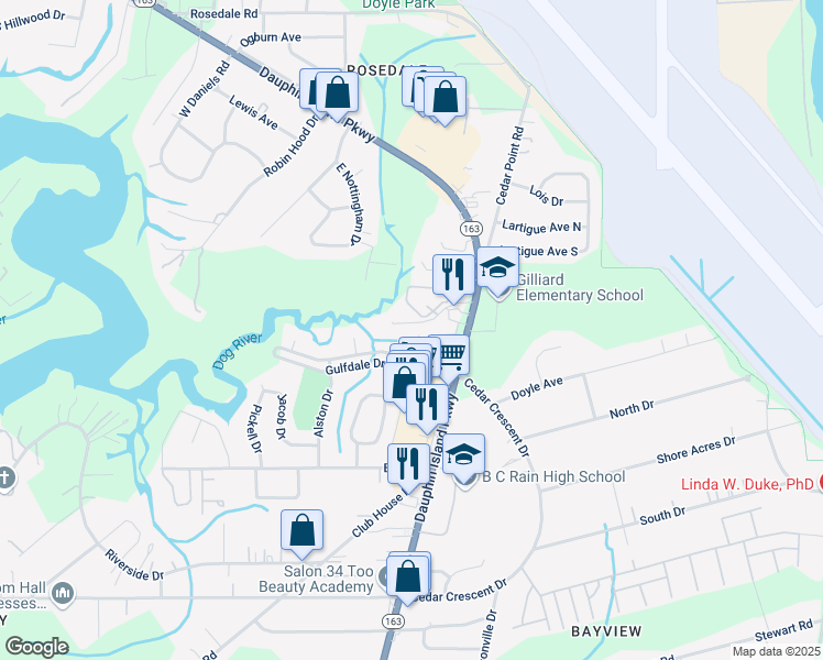 map of restaurants, bars, coffee shops, grocery stores, and more near 1633 Levene Road in Mobile