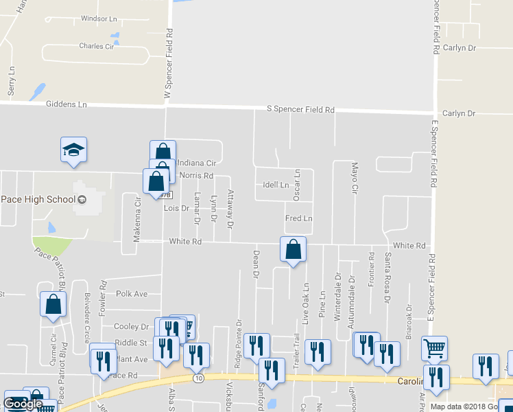 map of restaurants, bars, coffee shops, grocery stores, and more near 4257 Frasier Lane in Pace