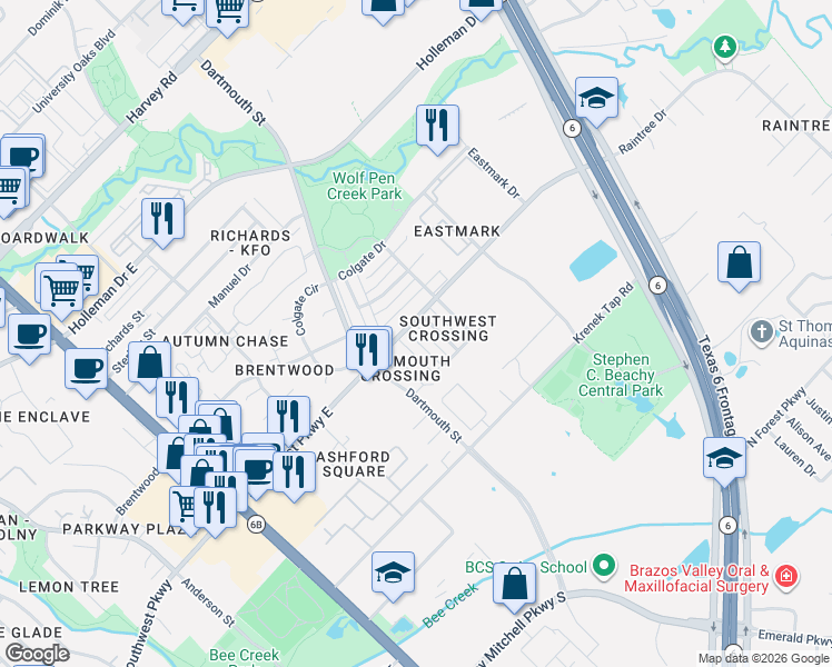 map of restaurants, bars, coffee shops, grocery stores, and more near 2507 Hickory Drive in College Station