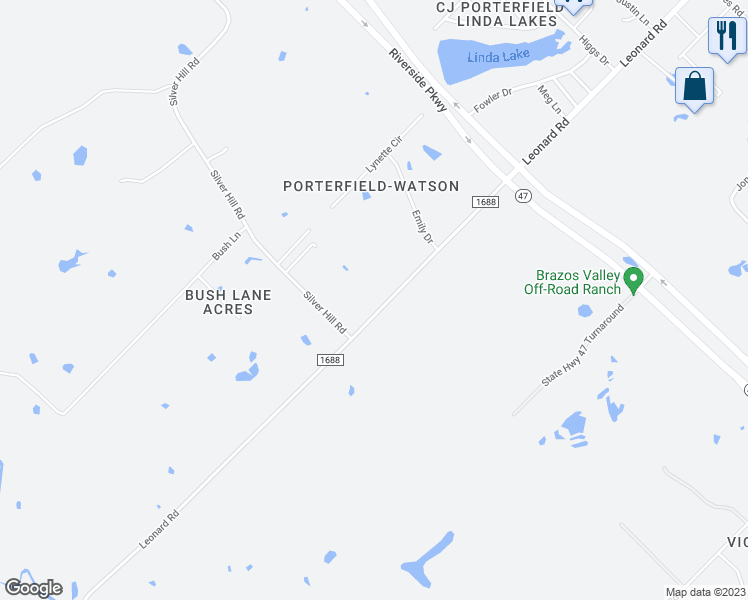 map of restaurants, bars, coffee shops, grocery stores, and more near 6950 Leonard Road in Bryan