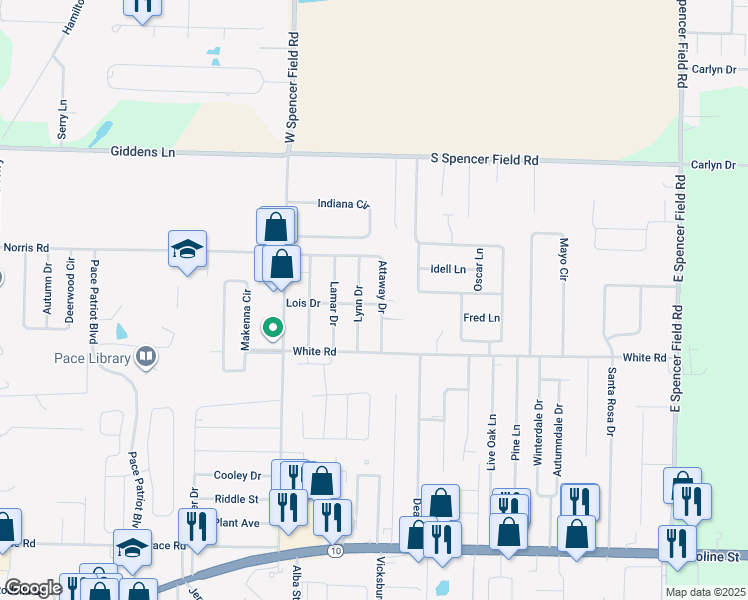 map of restaurants, bars, coffee shops, grocery stores, and more near 4833 Lynn Drive in Pace