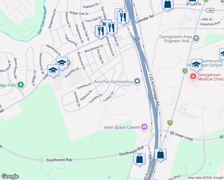 map of restaurants, bars, coffee shops, grocery stores, and more near 305 Tamara Drive in Georgetown