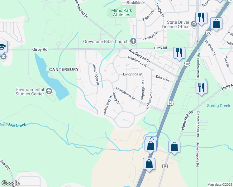 map of restaurants, bars, coffee shops, grocery stores, and more near 3725 Outley Drive in Mobile