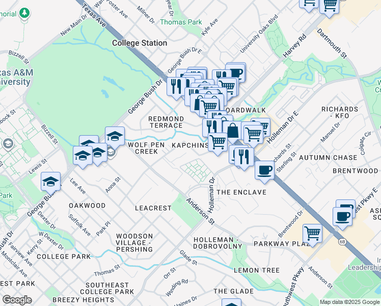map of restaurants, bars, coffee shops, grocery stores, and more near 1629 Park Place in College Station