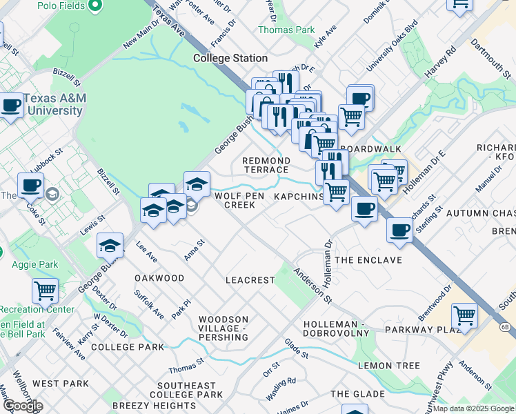 map of restaurants, bars, coffee shops, grocery stores, and more near 1600 Wolfpen Court in College Station