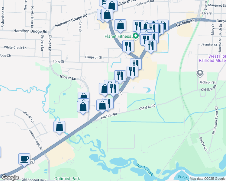 map of restaurants, bars, coffee shops, grocery stores, and more near 6436 U.S. 90 in Milton