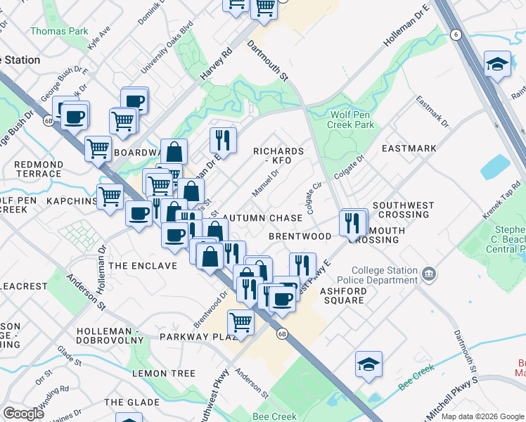 map of restaurants, bars, coffee shops, grocery stores, and more near 2250 Dartmouth Street in College Station