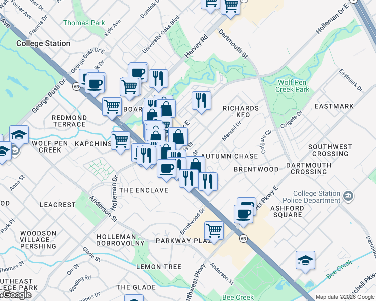 map of restaurants, bars, coffee shops, grocery stores, and more near 119 Richards Street in College Station